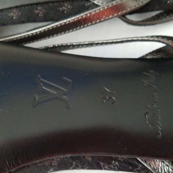 LOUIS VUITTON BLACK LEATHER ANKLE STRAP SANDALS HEELS 37-7 HEELS LV MONOGRAM - Picture 15 of 16